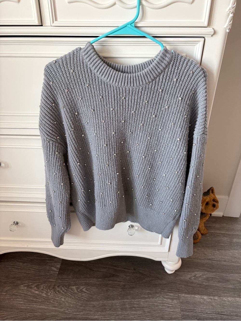 Nine West Light Gray Beaded Ribbed Crewneck Sweater